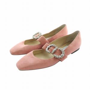 フラットパンプス スエード ベルト ビジュー 39 ピンク