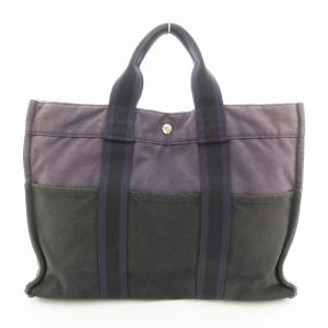 HERMES フールトゥ MM ハンドバッグ トート キャンバス バイカラー ネイビー 黒 /UO