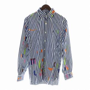 シャツ 長袖 ボタンダウン ストライプ ペイント ロゴ 刺繍 S 白 ホワイト 紺 ネイビー /MQ