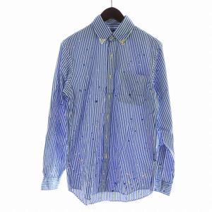 シャツ タグ付き 長袖 ボタンダウン ストライプ ロゴ ペイント S 白 ホワイト 青 ブルー /MQ