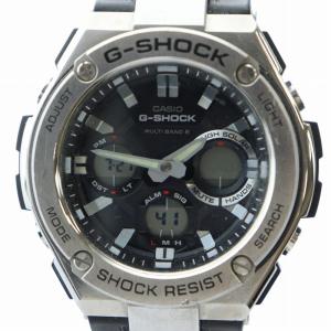 Gスチール 腕時計 ウォッチ 電波ソーラー 黒文字盤 アナデジ ロゴ カレンダー付き デイト シルバー色