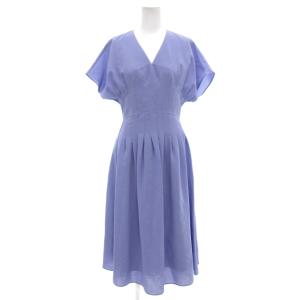 美品 ウェストディテールミドルワンピース Vネック 半袖 ミモレ ロング 0 S 水色 ライトブルー /AE