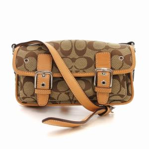 シグネチャー ショルダーバッグ キャンバス レザートリム ベージュ 茶 6844 /UO