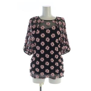 アートフラワー ブラウス カットソー 半袖 ロゴ チュール 花柄 刺繍 インナー付き 1 黒 ブラック