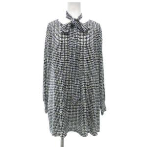 美品 カットソー チュニック 長袖 リボンタイ付き 格子 総柄 M ネイビー系 /UO