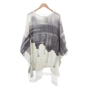 Tシャツ カットソー クルーネック 総柄 ビックシルエット 長袖 38 白 ホワイト /AE