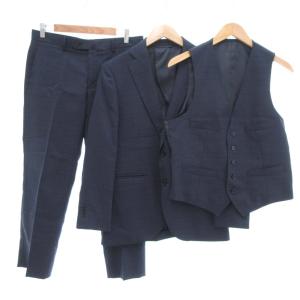 美品 3ピース スーツ セットアップ ジャケット パンツ ジレ チェック 165cm 6Drop ダークネイビー