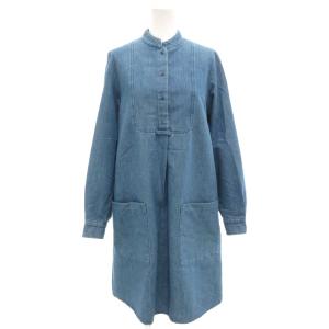 美品 デニムシャツワンピース バンドカラー ひざ丈 長袖 36 インディゴブルー /AE