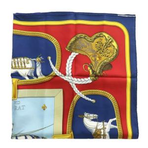 HERMES カレ90 GRAND APPARAT 盛装の馬 スカーフ 大判 絹 シルク 総柄 ロゴ 紺 ネイビー 赤