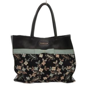 トートバッグ 手提げ レザー リボン ロゴ 花刺繍 黒 ブラック /FF