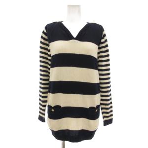 コットンニット セーター 長袖 ボーダー柄 金ボタン ロゴ 40 白 紺 /UO