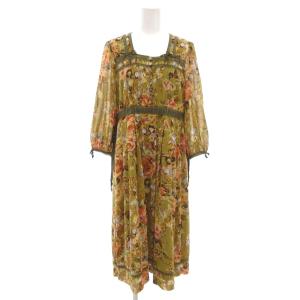 ジョーゼットワンピース 長袖 花柄 ミモレ ロング レース 9 カーキ系 /UO