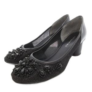 パンプス ビジュー レザー切替 25cm ブラック /UO