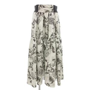 23SS ボリュームタフタプリントスカート ギャザー ティアード ロング 1 ブラック ホワイト /UO