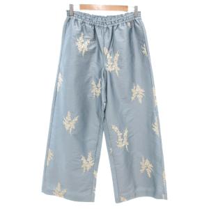 ワイドパンツ イージー 花柄 刺繍 水色 ライトブルー /AE