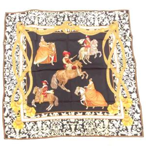 LOEWE 大判 スカーフ シルク 黒系 マルチカラー /UO