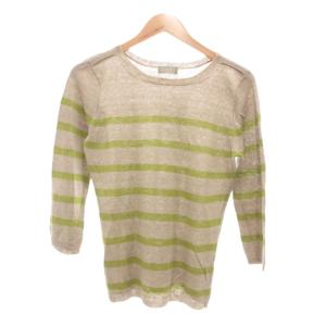 美品 リネンニット セーター 七分袖 ボーダー 2 グレージュ 黄緑 /UO