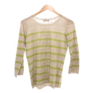 MARGARET HOWELL 美品 リネンニット セーター 七分袖 ボーダー 2 グレージュ 黄緑 /UO