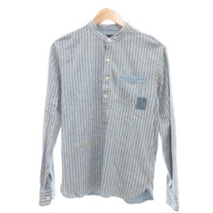 リペア ヘンリーネック バンドカラーシャツ 麻 リネン ストライプ 長袖 XS 青 ブルー /UO