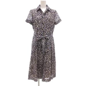 シャツワンピース 半袖 7 ベージュ ブルー 総柄 ベルト ペチコート付き /UO