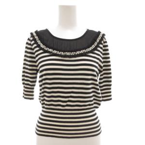 ニット カットソー 7分袖 38 白 ホワイト 黒 ブラック シアー 装飾 ボーダー /AE