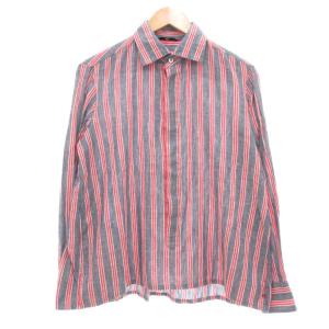 長袖シャツ 比翼仕立て ストライプ 藍染め 3 赤 インディゴブルー /UO