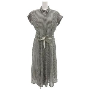 シャツワンピース シルク混 フレンチスリーブ ロング ストライプ ベルト付き 42 黒 白 /UO