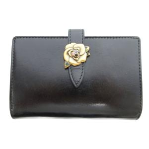 美品 ブルボン 二つ折り財布 牛革 レザー ローズモチーフ アンティーク加工 ブラック /UO