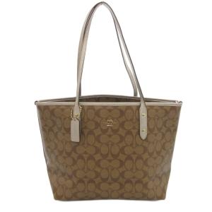 シグネチャー トートバッグ PVC レザートリム ブラウン ベージュ ゴールドカラー F31158 /UO