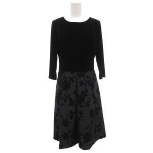ワンピース 七分袖 ベロア切替 バラ柄 フロック加工 ひざ丈 38 ブラック /UO