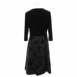 M'S GRACY ワンピース 七分袖 ベロア切替 バラ柄 フロック加工 ひざ丈 38 ブラック /UO