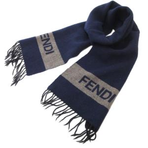 マフラー フリンジ ロゴ ウール 紺 ネイビー /AE AA