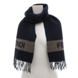 FENDI マフラー フリンジ ロゴ ウール 紺 ネイビー /AE AA