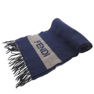 FENDI マフラー フリンジ ロゴ ウール 紺 ネイビー /AE AA