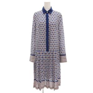 25SS 幾何学プリント プリーツ シャツワンピース 2 オフホワイト ブルー