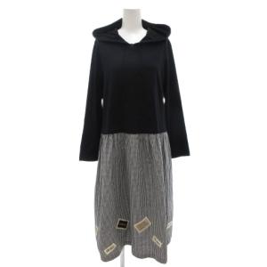 ワンピース ロング ドッキング 長袖 黒 ブラック グレー チェック切替 フード /AE