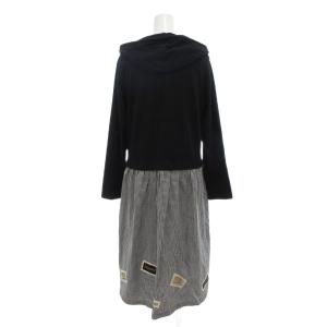 PINK HOUSE ワンピース ロング ドッキング 長袖 黒 ブラック グレー チェック切替 フード /AE