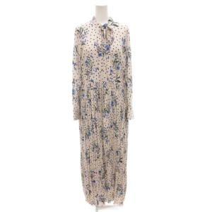 18AW ロングワンピース ボウタイ ロング 長袖 38 白 ホワイト 花柄 ドット プリーツ /FF