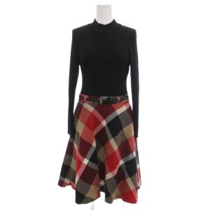 ドッキングワンピース ニット 長袖 ハイネック チェック柄 38 黒 ブラック /UO