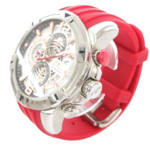 TECHNOS ジャンク品 腕時計 アナログウォッチ クォーツ クロノグラフ 赤 レッド シルバーカラー T8A10 /AE