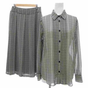 セットアップ ブラウス シャツ フレアスカート シフォン 千鳥格子 ミモレ ロング 長袖 38 黒 ブラック