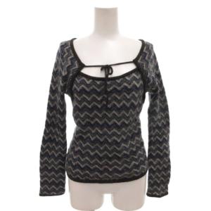 ニット 長袖 ウール F 青 ブルー グレー 総柄 シェブロン柄 リボンネック /FF