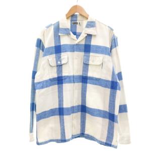 GDEH CPO フランネルシャツ ループカラー 長袖 チェック L 白 ホワイト 青 ブルー /UO