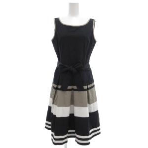 ワンピース ノースリーブ ひざ丈 40 黒 ブラック ベルト付き 配色デザイン /UO