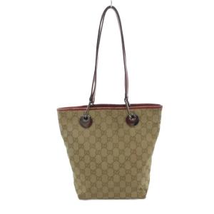 GUCCI GGキャンバス トートバッグ レザーハンドル ベージュ レッド /UO