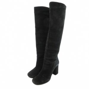 ロングブーツ 36.5 22.5cm シューズ ハイヒール チャンキーヒール スエード 黒 ブラック /AE