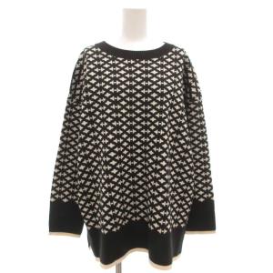 ジャカード ウールブレンドニットセーター 44 長袖 プルオーバー 総柄 大きいサイズ スリット 黒 ブラック