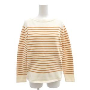 美品 Tシャツ カットソー 38 ボートネック ボーダー 総柄 長袖 アイボリー オレンジ /AE