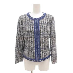 美品 ノーカラージャケット 38 ツイード 総裏地 青 ブルー グレー /AE