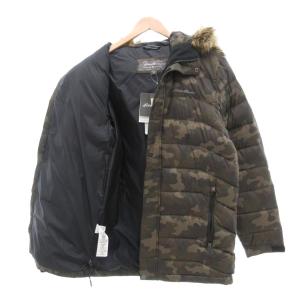 Eddie Bauer EddieBauer タグ付き ダウンコート ジャケット M ミドル ハーフ丈 フード 迷彩柄 カモフラ フェイクファー カーキ